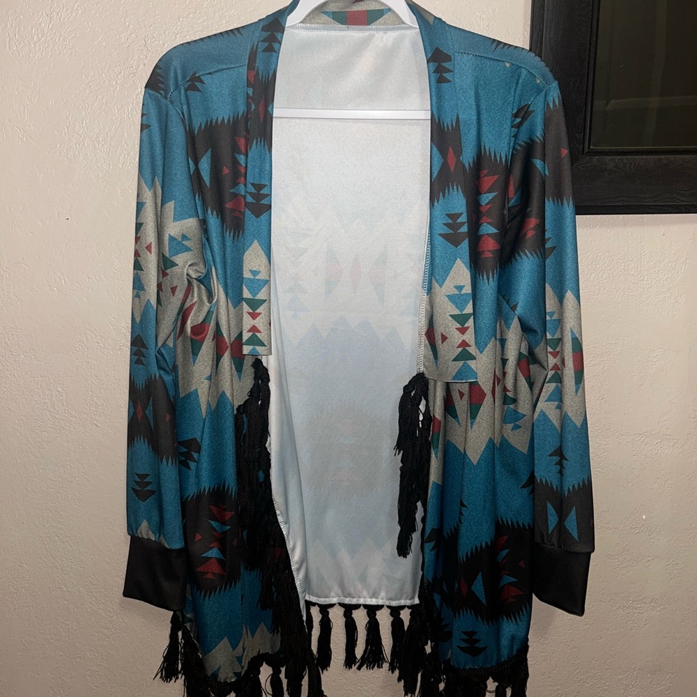 Bohemian Blue Aztec Cardigan with Fringe